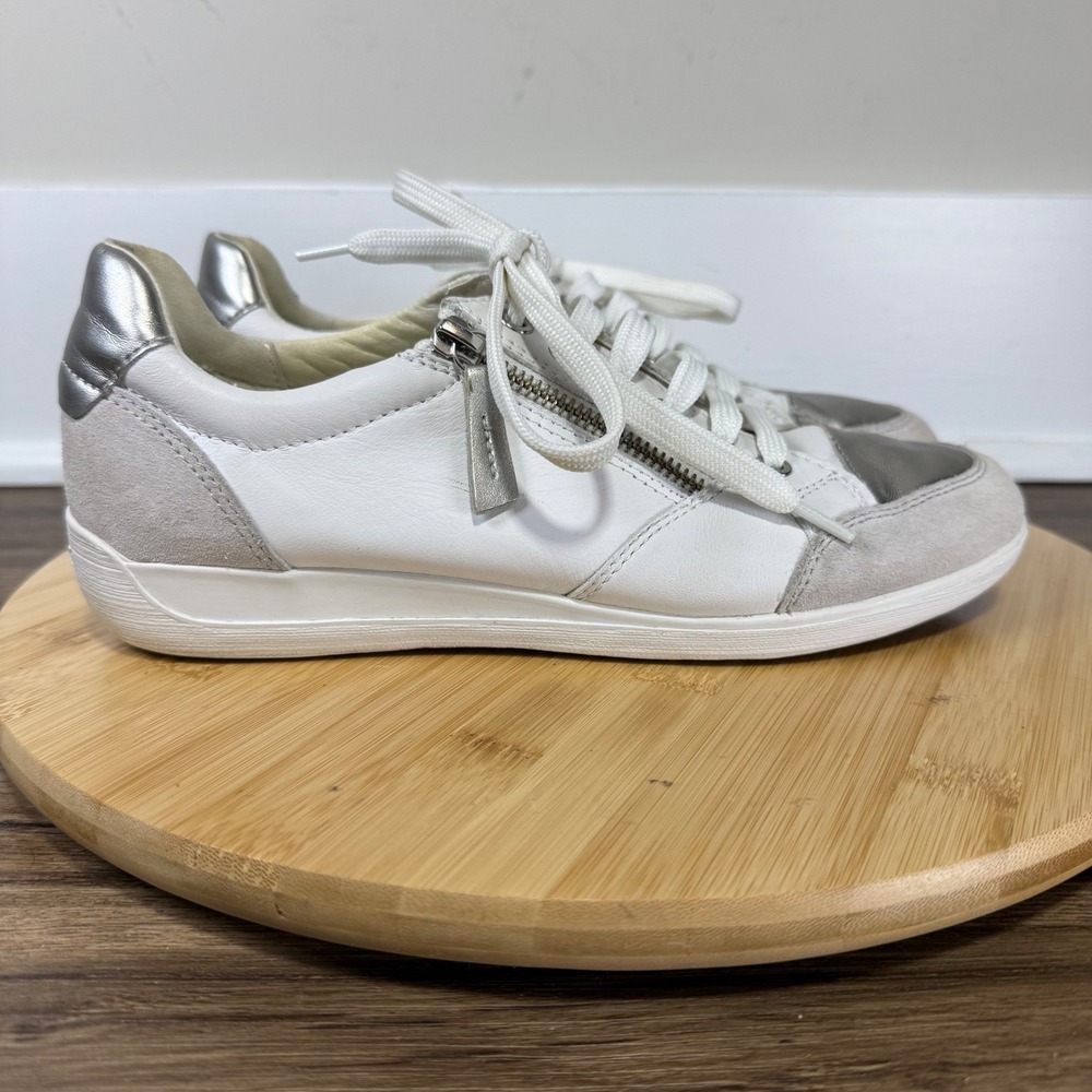 Geox Respira Sneakers Womens 9 White Silver Zipper Leather Suede Casual Chic